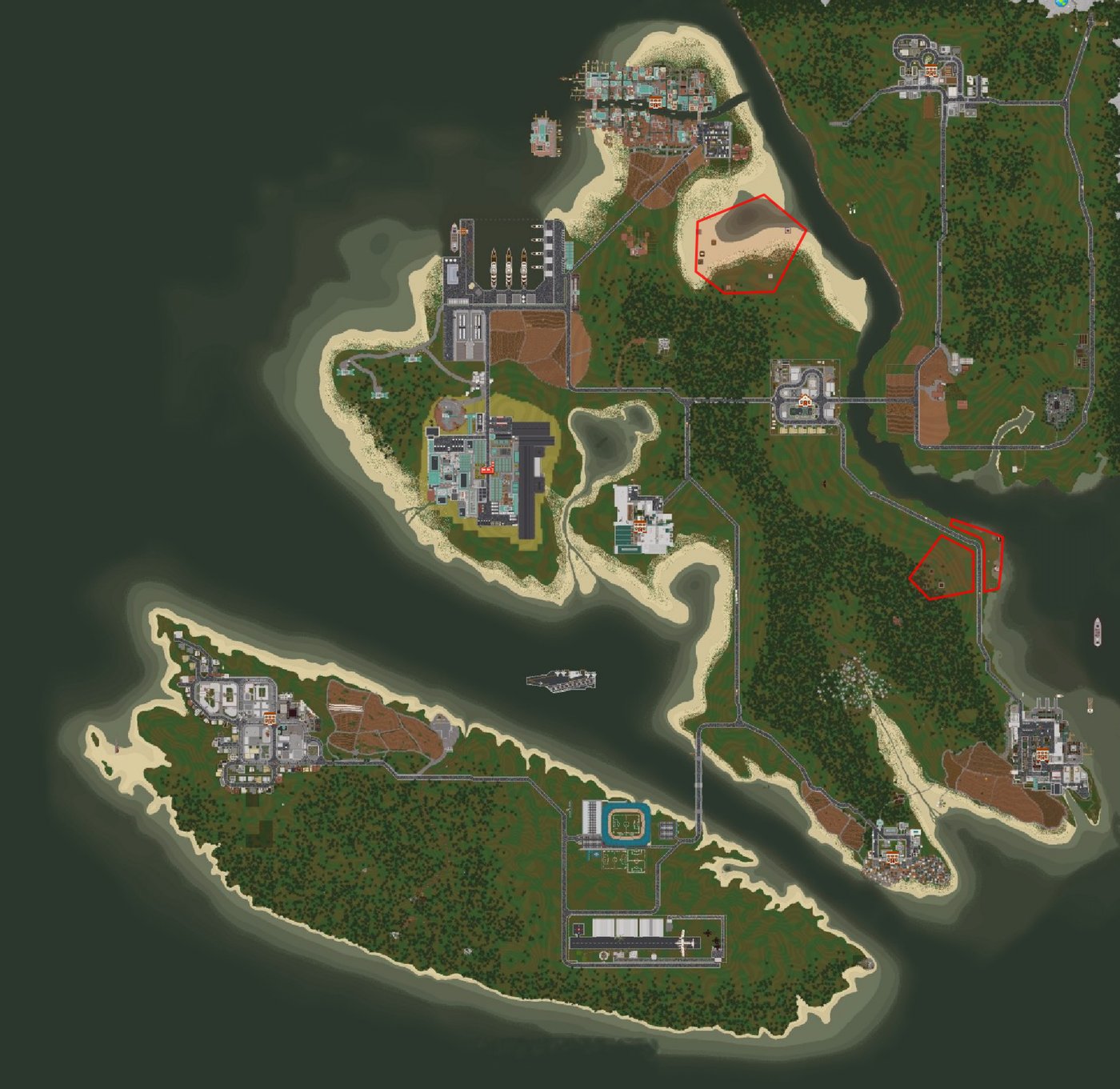 Karte von MineZ3 mit Noob-Zone oben rechts, normaler Zone und Safe-Zone in der Mitte und Hard-Zone unten